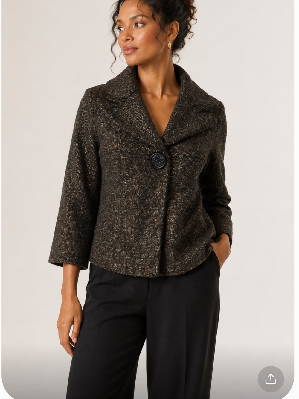 ANTHROPOLOGIE BETH BOWLEY Wool Metallic Black Cropped Coat with Statement Button